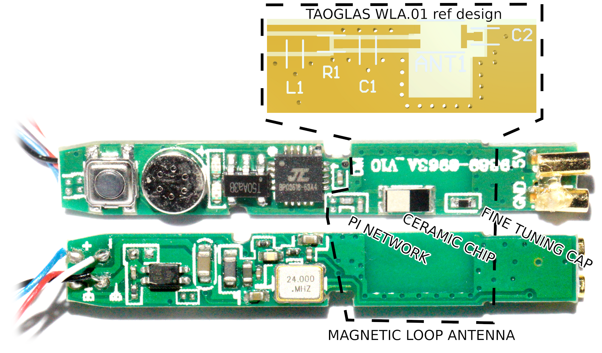 PCB closeup with marked antenna